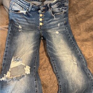Trendy Distressed Blue Flare Jeans